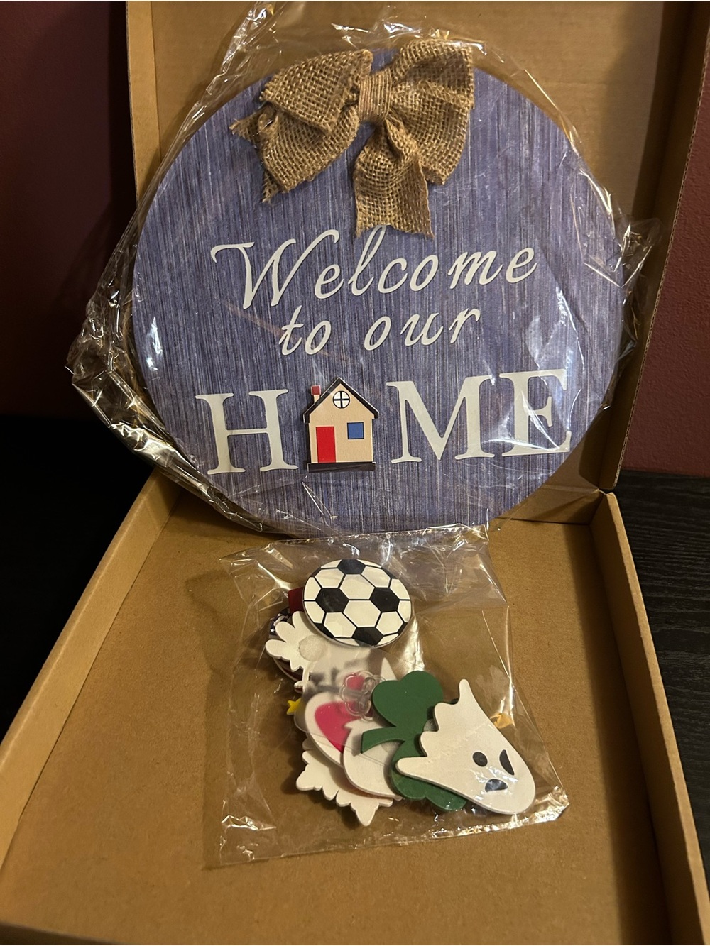 Welcome to Our Home Wall Sign with Burlap Bow  interchangeable for any season.